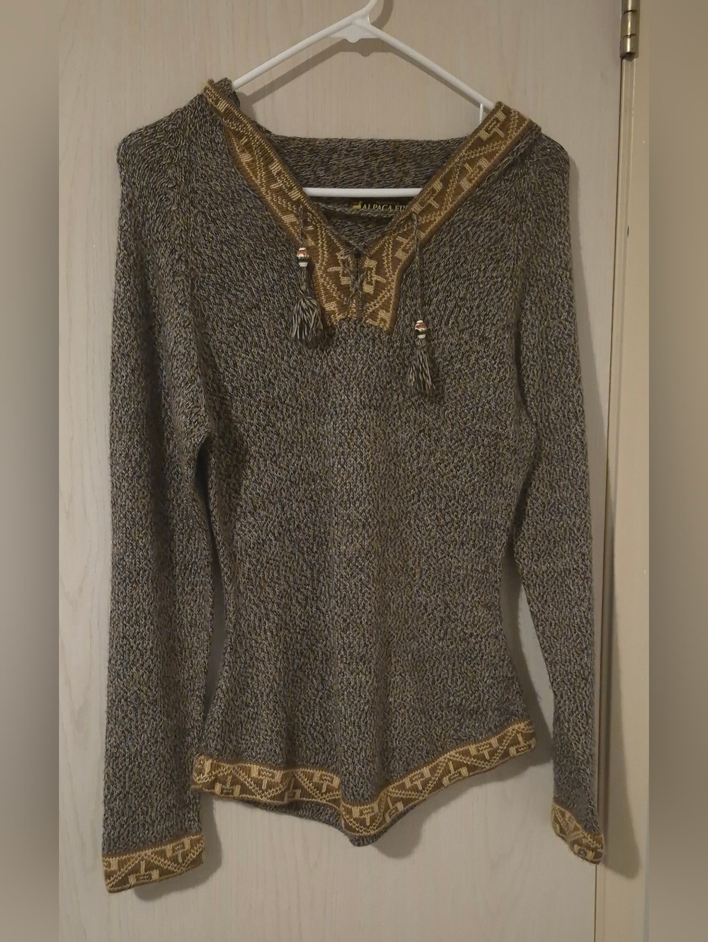 Alpaca Fina Peru Hooded Knit Sweater Brown Tan Llama Trim (S)
